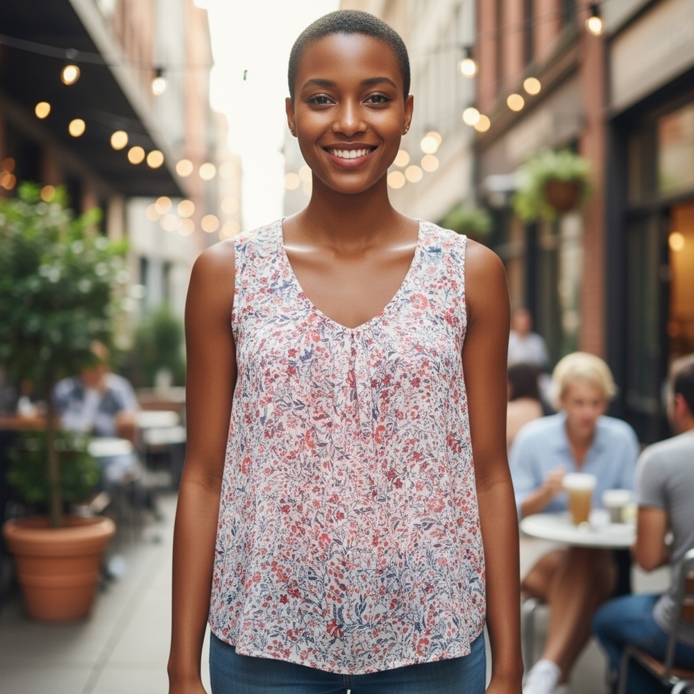 Daisy Fuentes Floral Tank Top - Coral and Navy